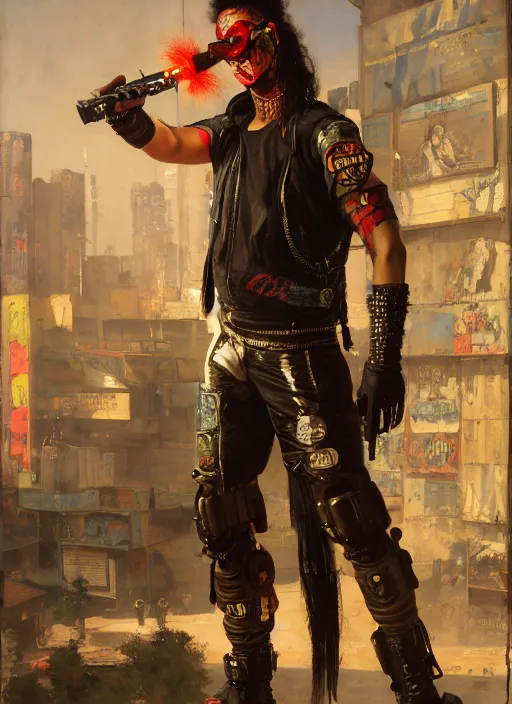 Image similar to crazy eddie. cyberpunk clown wearing a military vest and combat gear. (Cyberpunk 2077, bladerunner 2049). Iranian orientalist portrait by john william waterhouse and Edwin Longsden Long and Theodore Ralli and Nasreddine Dinet, oil on canvas. Cinematic, hyper realism, realistic proportions, dramatic lighting, high detail 4k