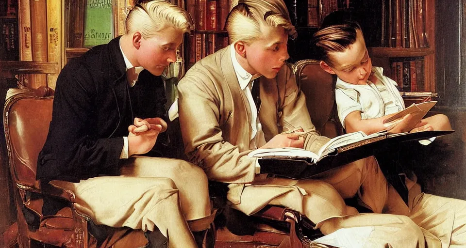 Prompt: A painting of a pale strong muscular gentleman reading a book to his blond male beloved, with beautiful long platinum blond hair, by Leyendecker and Norman Rockwell