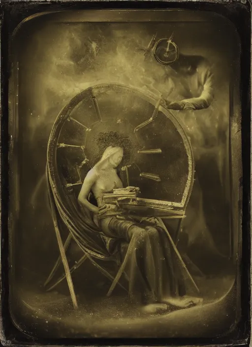 Image similar to old wetplate daguerreotype portrait of the birth of a genius inventor, explosion of data fragments, fractal, intricate, elegant, highly detailed, parallax, leica, medium format, subsurface scattering, by jheronimus bosch and greg rutkowski and louis jacques mande daguerre