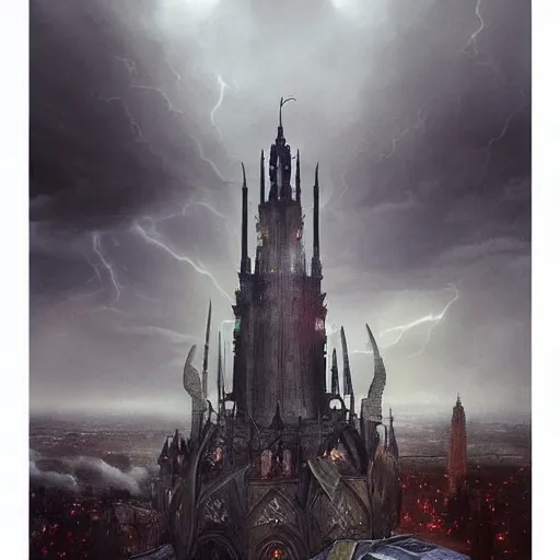 Prompt: an ultra detailed tarot card of a lonely and impossibly tall ominous gothic dark tower elevated high above the city, in a river elevated high above the city, fantasy capital city, ultrawide lense, aerial photography, scary thunderstorm, light fog, volumetric lighting, exquisite detail, 8 k, art by greg rutkowski and alphonse mucha