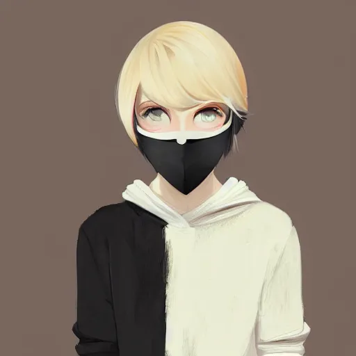 Image similar to urban girl fanart with black facemask, blond bob haircut, muted colors, matte print, pastel colors, ornate, digital art, cute smile, digital painting, fan art, elegant, pixiv, by ilya kuvshinov, by studio ghibli