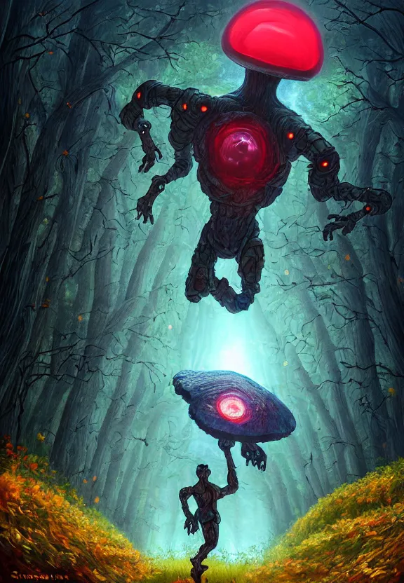 Prompt: cyber golem jumping over mushroom forest, sunny autumn, oil painting, symmetrical, glowing eyes, ultradetailed, 8 k, epic atmosphere, digital art by simon cowell and moebius