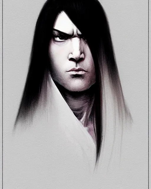 Image similar to standing monk in black hooded robe White-long-hair, muscular elegant. Shiny silver Scythe on his back. Perfect face, fine details. by Ilya Kuvshinov katsuhiro otomo ghost-in-the-shell, magali villeneuve, artgerm, rutkowski, WLOP Jeremy Lipkin and Giuseppe Dangelico Pino and Michael Garmash and Rob Rey