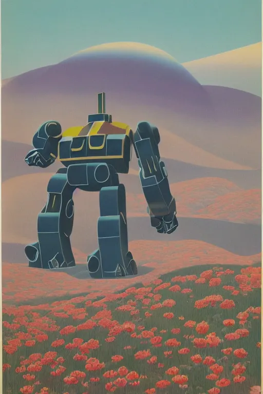 Image similar to giant mecha robot with laser, blooming hills with spring flowers and pillars by helen lundeberg