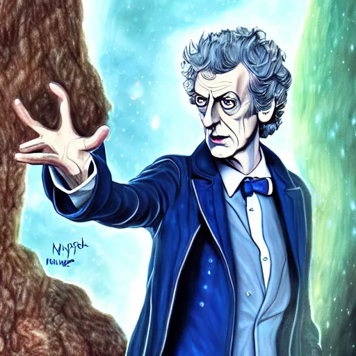 Prompt: peter capaldi, as doctor who, location is inside the TARDIS, by Nausicaa Ghibli, hyper detailed, hyper realistic, digital art, trending on pixiv