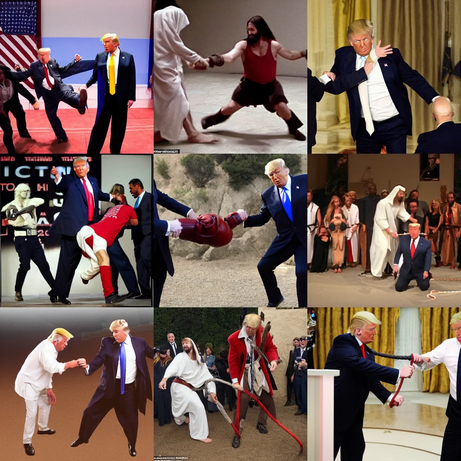 Prompt: donald trump being beaten with a whip by an actor portraying jesus, photo