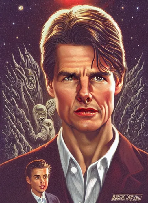 Prompt: small innocent tom cruise, evil beings loom above him, they reach into his mind, twin peaks poster art, from scene from twin peaks, by michael whelan, artgerm, retro, nostalgic, old fashioned, 1 9 8 0 s teen horror novel cover, book