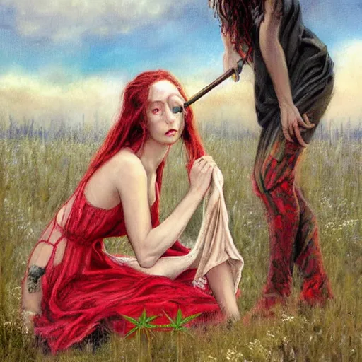 Prompt: a painting, style of lois royo, gerald brom, michael whelan, one mother and her one very young daughter, in long dresses, fully clothed, with clothes on, smoking a bowl of hash together, from a huge red glass bong, sitting in a field of cannabis, with clouds in the sky