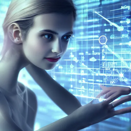 Image similar to woman has become a computer and is immortal, 4k, photorealistic