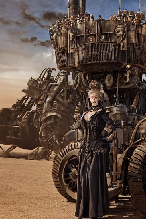 Image similar to steampunk queen elizabeth in mad max fury road