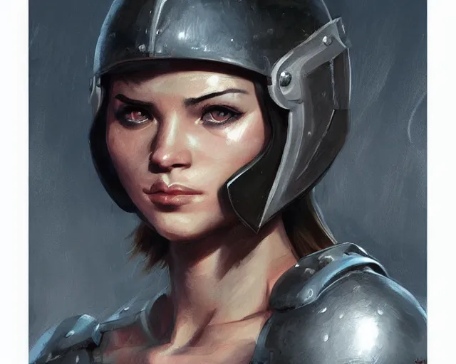 Image similar to portrait of a mildly muscular female knight in team fortress 2 style, detailed face, dark fantasy art, fantasy, pretty, hd shot, digital portrait, beautiful, artstation, comic style, by artgerm, guy denning, jakub rozalski, magali villeneuve, neoartcore and charlie bowater