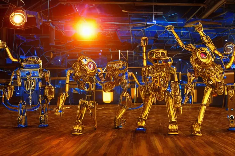 Image similar to scene from the voice of america, on stage are 4 golden and blue metal humanoid steampunk robots dancing wild, robots are wearing golden gears and tubes, eyes are glowing red lightbulbs, shiny crisp finish, 3 d render, 8 k, insaneley detailed, fluorescent colors, nightlight