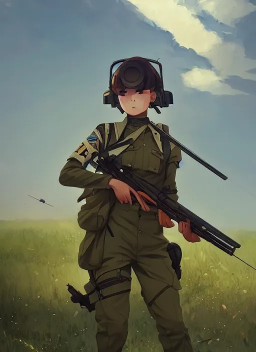 Image similar to portrait of cute soldier girl shooting rifle, cloudy sky background lush landscape illustration concept art anime key visual trending pixiv fanbox by wlop and greg rutkowski and makoto shinkai and studio ghibli and kyoto animation soldier clothing military gear realistic anatomy mechanized