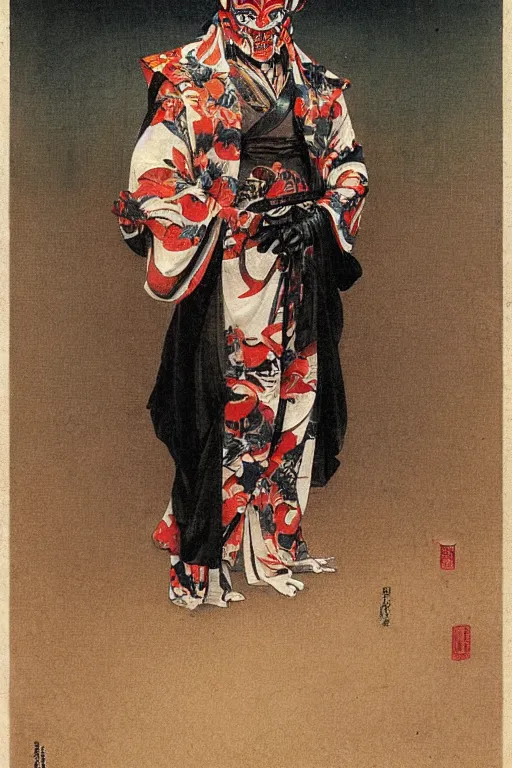 Image similar to portrait of a a fashionable ancient japanese demon oni wearing a cyberpunk bosozoku outfit, by bouguereau