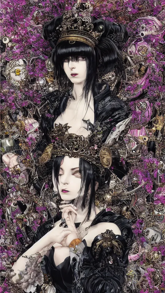 Image similar to cyberpunk fashion a beautiful black haired woman with pale skin and a crown on her head sitted on an intricate metal throne skin wrapped in flowers and wired, vintage style, by yoichi hatakenaka, masamune shirow, josan gonzales and dan mumford, ayami kojima, takato yamamoto, barclay shaw, karol bak, yukito kishiro