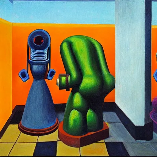 Prompt: prostrate robots, behemoth alien shaman god, grant wood, pj crook, edward hopper, oil on canvas