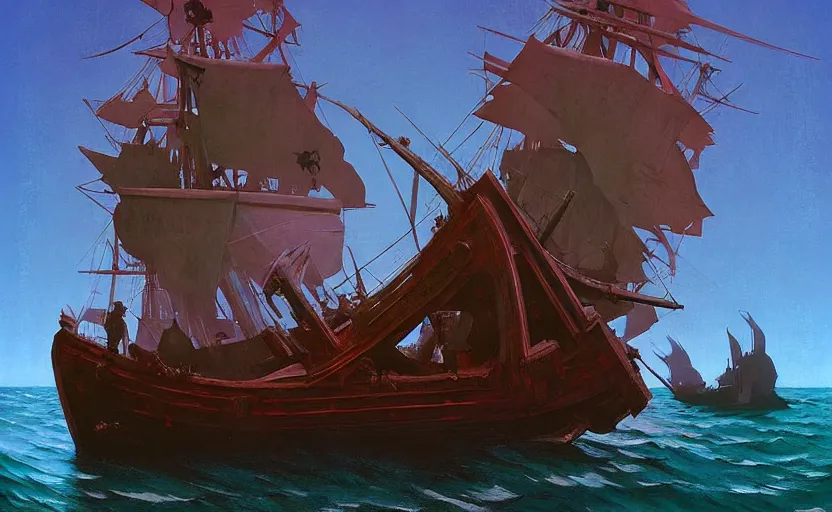 Prompt: Old Pirate ship, very coherent, painted by Edward Hopper, Wayne Barlowe, painted by James Gilleard, airbrush, art by JamesJean
