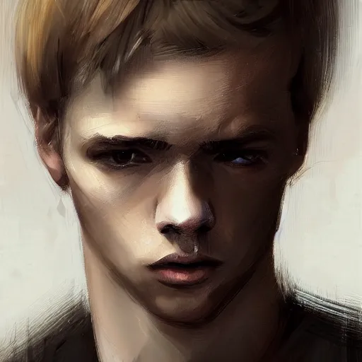 Image similar to Portrait of a man by Greg Rutkowski, he is about 20 years old, west slav features, short blonde hair with bangs, attractive, smart looking, slim, somewhat androgenic, he is wearing a white and black utilitarian jumpsuit, highly detailed portrait, scifi, digital painting, artstation, concept art, smooth, sharp foccus ilustration, Artstation HQ