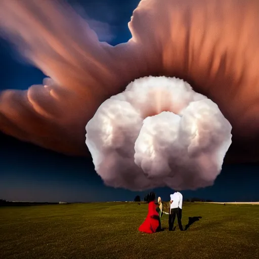 Image similar to a cloud in the shape of a heart from a nuclear explosion, people in foreground are kissing, sports photography, 8k, cinematic lighting, professional photograph