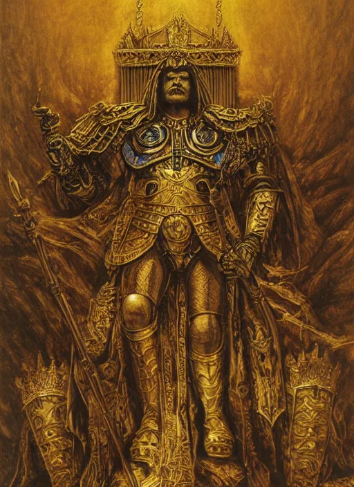 Prompt: omnious academic drawing of wh40k lichified but still regal Emperor of Mankind on his enormous golden throne by James Gurney, Beksinski and Alex Gray