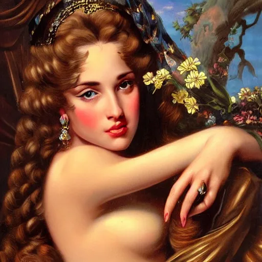 Prompt: beautiful woman with long hair, ultra detailed, beautiful eyes, decolte, by greg hildebrandt fancy rococo baroque oil painting high quality clothed in pin up style