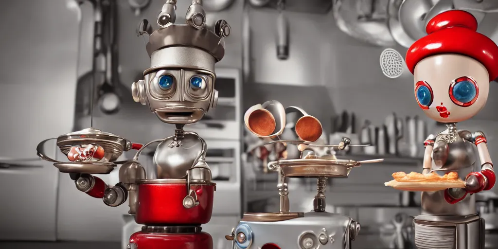 Image similar to closeup portrait of tin toy retro robot chef cooking pastry in a kitchen, depth of field, zeiss lens, detailed, centered, fashion photoshoot, by nicoletta ceccoli, mark ryden, lostfish, breathtaking, 8 k resolution, extremely detailed, beautiful, establishing shot, artistic, hyperrealistic, octane render