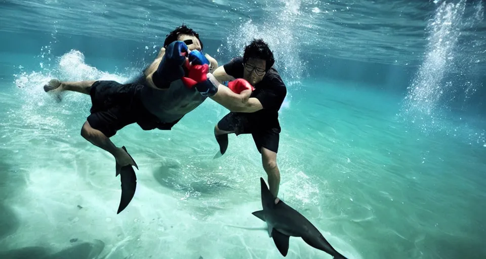 Image similar to Markiplier punching a shark underwater, photograph