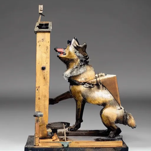 Image similar to 19th century mechanical automata depicting a wolf in a workshop