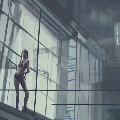 Image similar to a woman, moment, cyberpunk penthouse balcony, tech noir, wet skin, atmospheric, ambient, hopper, rupert everton, alexis flower, livia prima,