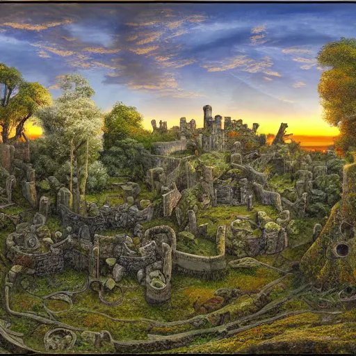 Image similar to art in the style of James Christensen, a panorama of a ruined fortress built with trees, inhabited by elves and faeries, with the lighting reflecting the sunset , intricately detailed