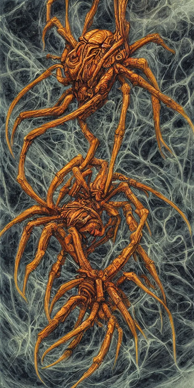 Image similar to alien spider, contrasting colors, Dan Seagrave