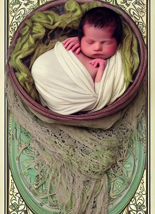 Prompt: newborn photography of a swaddled baby as painted in art nouveau style by alphonse mucha