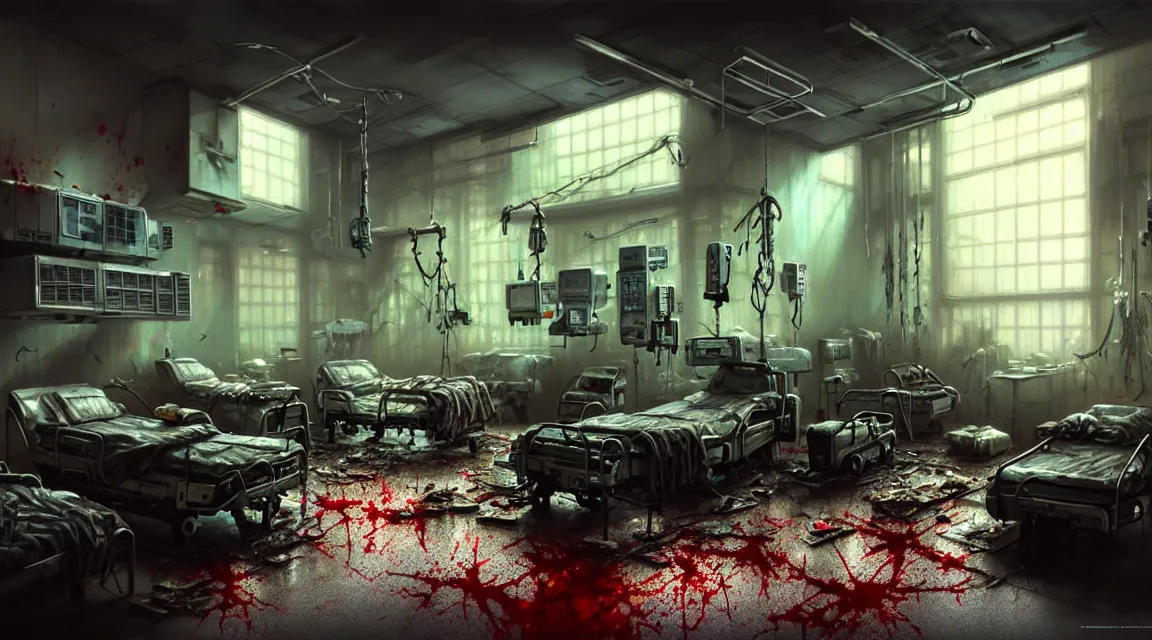 Prompt: post apocalyptic room interior, hospital interior, human silhouettes, by thomas kinkade trending on artstation, photorealistic, hyper detailed, hyper realistic, cyberpunk vibrant colors, blood stains, corpses floor, weapon damage