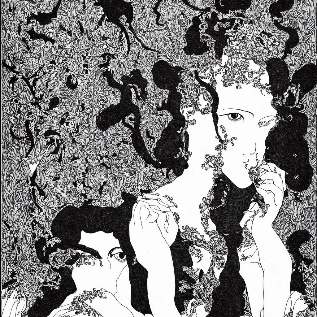 Prompt: , 4k, highly detailed, sharp focus 4k, highly detailed, sharp focus lithography by Aubrey Beardsley, symmetric portrait of one beautiful woman with some snakes in her hair