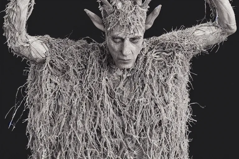 Image similar to portrait of Danny DeVity, wearing hay coat, with horns, visible muscles and veins and arteries and bones and spines and nerves, flowers growing out of his body, beautiful detailed intricate insanely detailed octane render, 8k artistic photography, photorealistic, chiaroscuro, by David Cronenberg, Raphael, Caravaggio