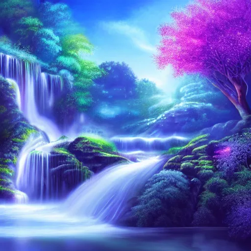 Image similar to mystical sparkling landscape with luminescent indigo and cyan trees and terraced waterfalls detailed airbrushed painting 4 k