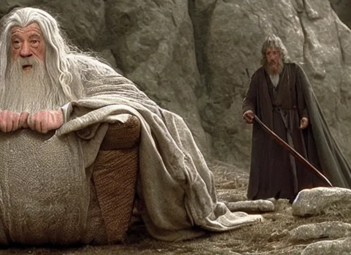 Prompt: a scene from Lord of the Rings with Gandalf as a loaf of bread