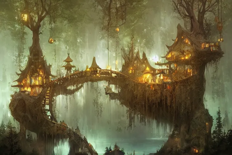 Prompt: treehouses from gaudi in a deep mystical forest, floating chinese lampoons, lake, waterfall, tall people walking and discussing, dynamic lighting, art by peter mohrbacher on artstation, mix with blockhaus architecture, night mood