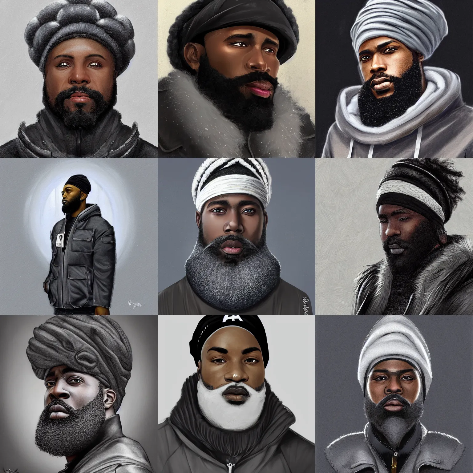 Prompt: urban male handsome black musician with a big full beard, wearing a gray do rag on his head, and wearing a black puffer winter jacket, portrait, face, fantasy, intricate, elegant, highly detailed, digital painting, artstation, concept art, smooth, sharp focus, illustration, afro futurism, grunge tech, by artgerm and greg rutkowski,