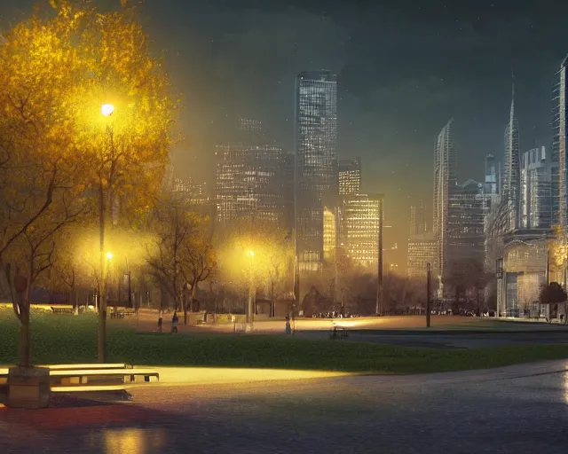 Image similar to a nighttime view of a city park with buildings in the background, a matte painting by zlatyu boyadzhiev, deviantart, dau - al - set, nightscape, panorama, creative commons attribution