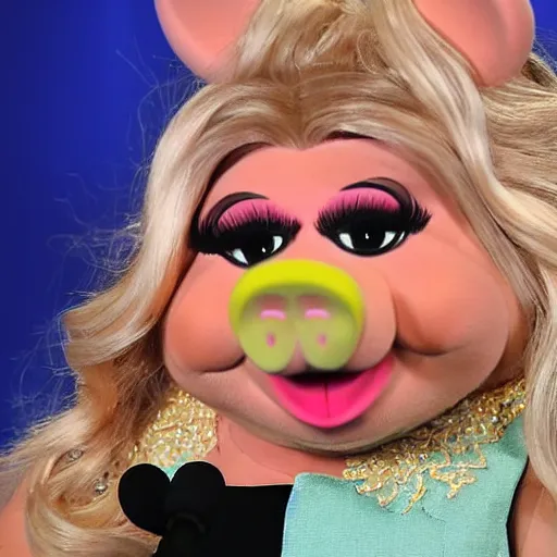 Image similar to a portrait of miss piggy smiling as sara netanyahu, neutral colors, warm, sharp