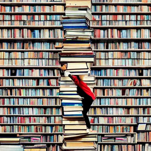 Prompt: a person climbing up a giant stack of books