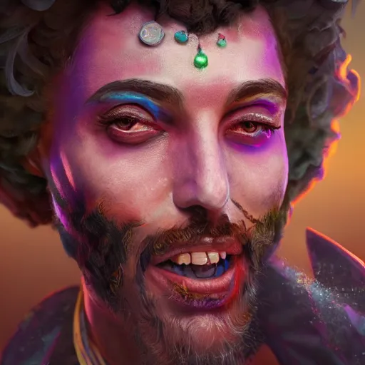 Prompt: an oil art close up portrait of young man, roma mage, with lovecraftian magic in style of disco elysium character, gipsy man jester character design from ravenloft, 4 k, ultra detail, volumetric lighting, unreal engine, octane render