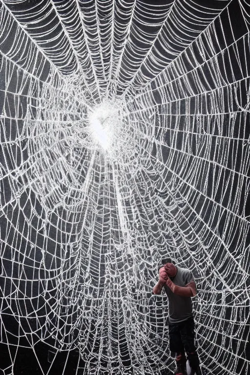 Prompt: cosmic horror photograph of a human caught in a giant spider web.