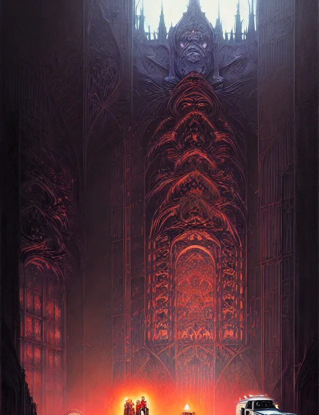 Image similar to detailed portrait, intricate complexity, by greg rutkowski, ross tran, conrad roset, takato yomamoto, ilya kuvshinov huge gothic crematorium on desert planet, elevator, side ramp entrance ambulance dead bodies, guards intricate, painting by lucian freud and mark brooks, bruce pennington, dark colors, neon, death, guards, nice style smoke