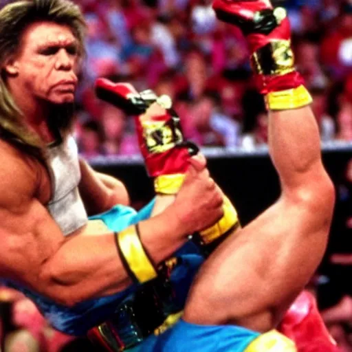 Image similar to the ultimate warrior does a suplex on donald trump, WWE, 1990s, VHS