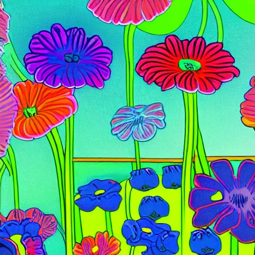 Image similar to neon, overcast balmy by jim woodring. a land art of a group of anemones in a vase