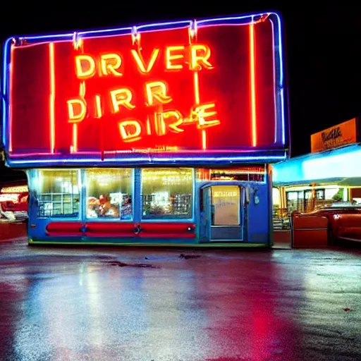 Image similar to photograph of a 1 9 5 0 s drive - in diner at night, neon - lights, googie architecture, americana