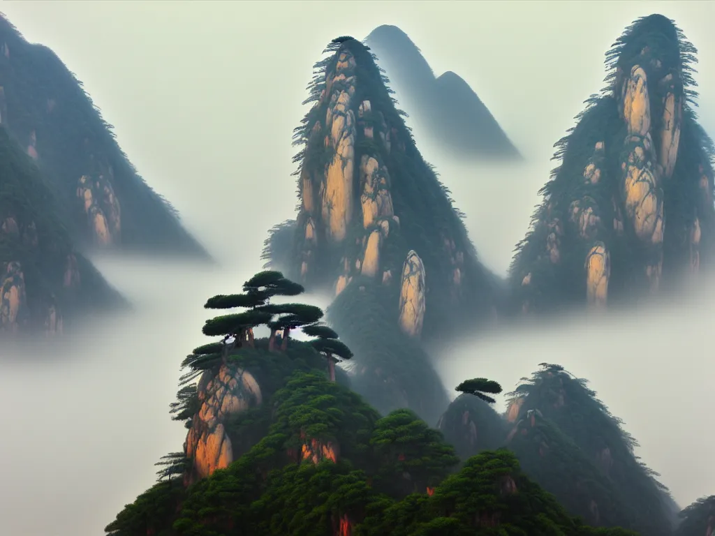 Image similar to chinese shanshui painting of huangshan on a foggy day by shenzhou 沈 周