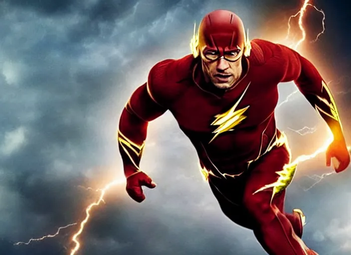 Image similar to film still of dwayne the rock johnson as the flash in the new flash movie, 4 k